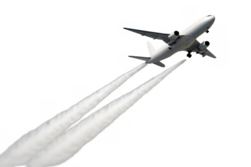 Commercial jet airplane ascending at take-off leaving twin contrails, transparent background