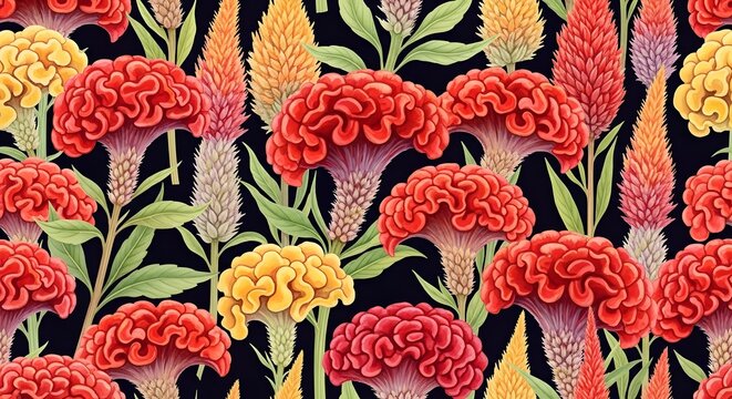 A vibrant and seamless floral pattern showcasing colorful cockscomb flowers. This botanical illustration features rich red, orange, and yellow Celosia against a dark background