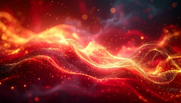 Abstract flowing waves of vibrant red and orange energy, illuminated by glowing particles and bokeh lights, creating a cosmic, mystical, and fiery visual spectacle