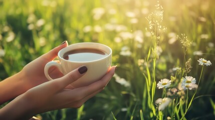 International coffee day celebration in a sunlit field with floral background. Horizontal banner. Copy space