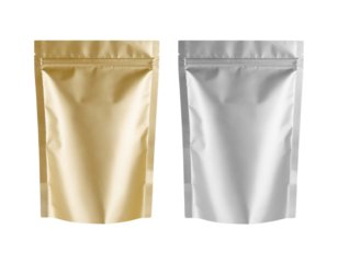 Two stand-up pouches in gold and silver colors, designed for packaging products.