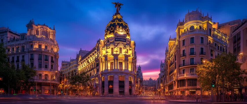 Nighttime cityscape featuring the iconic Metropolis Building in Madrid, Spain, with a vibrant