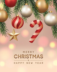 Merry Christmas Banner with Christmas Ornaments. Vector illustration.