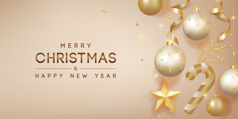 Merry Christmas Banner with Golden Christmas Ornaments. Vector illustration.
