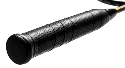 Close up of black badminton racket handle for sport activity and competition isolated on transparent background