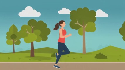 Looping flat vector animation of a woman jogging in a park on a sunny day with trees and clouds