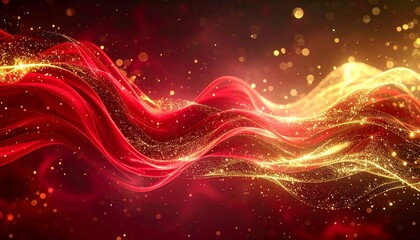 Fototapeta premium Abstract Red and Gold Wave of Sparkling Particles with Bokeh Background
