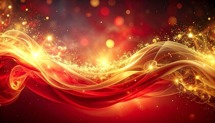 Abstract Golden Waves Flowing Through Red Bokeh and Sparkles, Evoking a Sense of Celebration and Magic