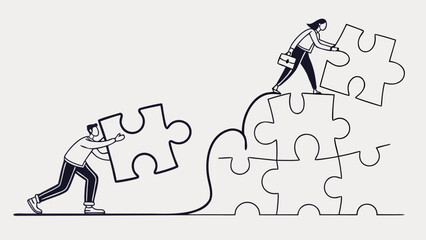 Dynamic teamwork illustration showcasing problem solving and business strategy, featuring business people building puzzle for success, originally a vector graphic