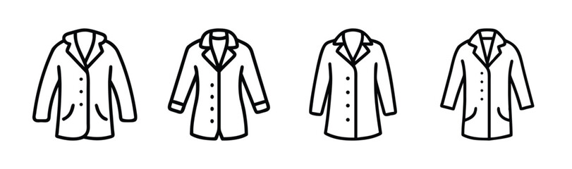 Collection of four textured outline drawings of a classic button-up coat with lapels and pockets