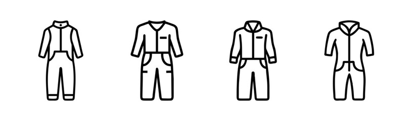 Collection of four jumpsuit icons showing different styles and variations of workwear