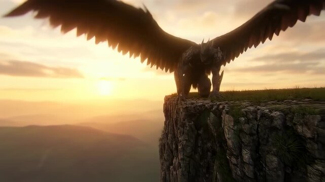 Epic Cinematic shot of Winged Creature perched on Cliff at sunset, breathtaking view