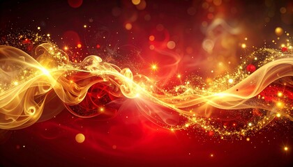 Fototapeta premium Abstract Wave of Golden Light on Red Background with Bokeh Effect, Magical Atmosphere