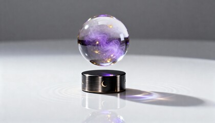 A levitating sphere with purple smoke and glitter, casting a shadow on a reflective surface