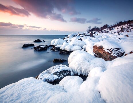 Serene coastal view, snow-covered rocks, calm sea, pastel sky