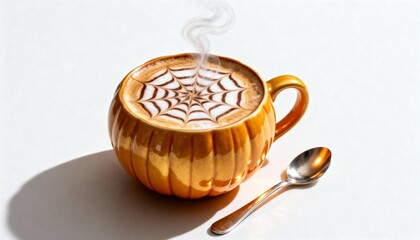 Steaming hot pumpkin spice latte in a pumpkinshaped mug with latte art and a spoon, isolated on white background