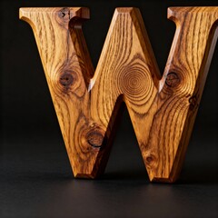 A carved wooden letter w with a dark background and a reflection on the surface below