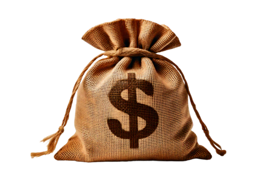 A burlap sack with a dollar sign printed on the front. isolated on transparent or white background