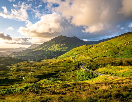 Rolling green hills with a winding road against a backdrop of mountains and clouds