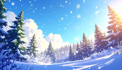 Naklejka premium Digital illustration of snowflakes falling against winter landscape with trees