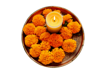 Decorative tray with marigold flowers and candle isolated on transparent or white background