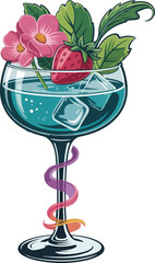 A cold pink martini cocktail with a strawberry, ice, and a rose is a sophisticated party drink