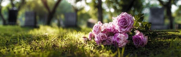 Close-up of a vibrant pink flower bouquet lying on lush green grass in a garden
