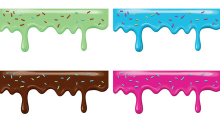 Collection of colorful dripping sweet glaze with sprinkles for desserts and confections
