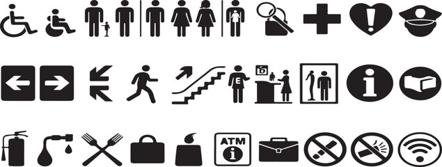 public facility icons, universal symbols, wayfinding pictograms, accessibility signs, service icons, public services, information signs, transportation symbols, building vector illustration icon desig