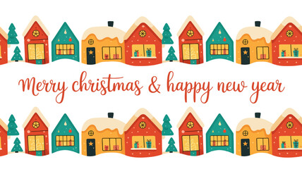 Charming snowy village with merry christmas and happy new year greeting