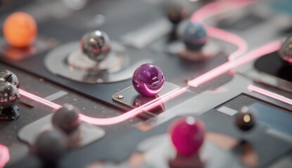 Close-up of a vintage pinball machine with colorful balls and metallic details