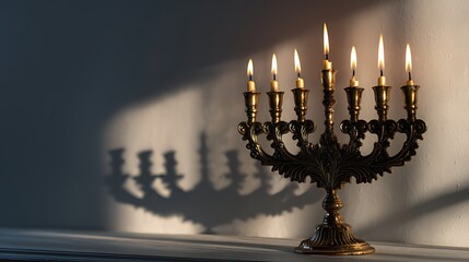 Fototapeta premium Antique brass candelabra with lit candles casting a dramatic shadow