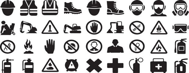 construction, safety, industrial, PPE, personal protective equipment, hard hat, vest, boots, excavator, machinery, caution, warning, prohibition, no entry, fire, flame, stop hand, gloves, fire extingu