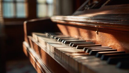 Close-up of a vintage wooden piano keyboard in a cozy room with natural light