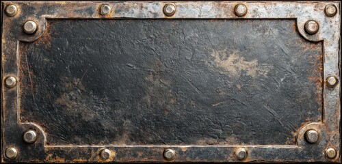Close-up of a vintage metal signboard with rivets and weathered texture