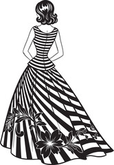 Elegant woman from behind wearing a black and white striped and floral evening gown.
