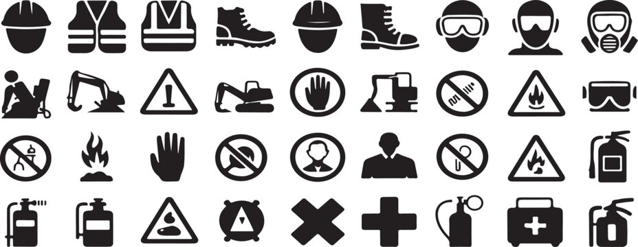 construction, safety, industrial, PPE, personal protective equipment, hard hat, vest, boots, excavator, machinery, caution, warning, prohibition, no entry, fire, flame, stop hand, gloves, fire extingu