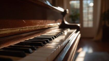 Close-up of a vintage wooden piano keyboard in a cozy room with sunlight