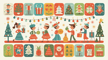 Retro christmas children decorating and gifts