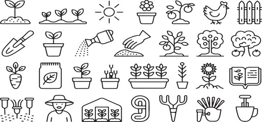 Agriculture and Farming Line Icons Vector: Outline Graphics Set for Gardening, Planting, Crops, Greenhouse, and Farmyard Animals