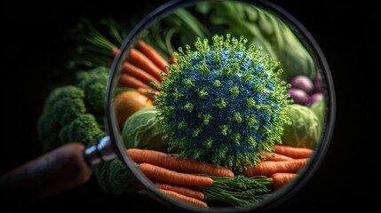 Close-up of a virus model surrounded by fresh vegetables in a magnifying glass