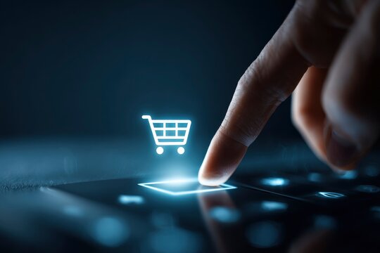 This compelling close-up depicts a human finger interacting with a glowing digital interface, featuring a prominent shopping cart icon and an illuminated square button, suggesting an online transactio - Powered by Adobe