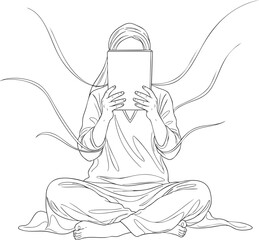 Line art of a seated woman in a hijab holding a book over her face with flowing abstract lines.