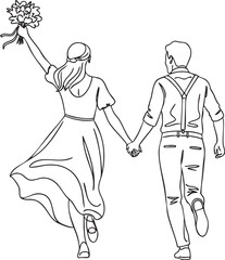 Minimalist line art of a bride and groom running away holding hands the bride raising a flower bouquet.