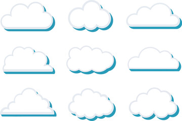 Obraz premium Collection of nine graphic white clouds with soft, rounded edges and subtle blue drop shadows, ideal for weather forecasts, digital design, and various creative projects