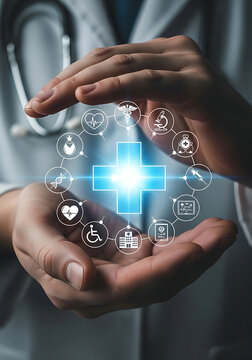 Doctor's hands embracing a glowing medical cross with interconnected health icons, symbolizing advanced global healthcare technology solutions.