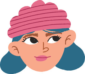 Girl with Blue Hair Character in Striped Pink Beanie Hat