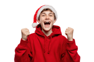 Excited teenage boy in red hoodie and Santa hat celebrating Christmas with joyful expression and raised fists, cheerful holiday portrait conveying festive winter spirit