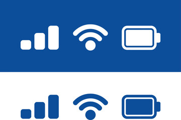 Set of essential user interface status icons showing mobile signal strength bars, a wireless wifi symbol with curved lines, and a full battery level indicator