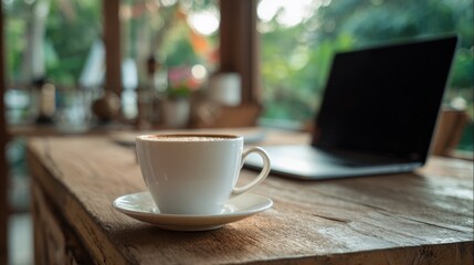 Close-up of a white coffee cup on a saucer placed on a rustic wooden table with a laptop in the